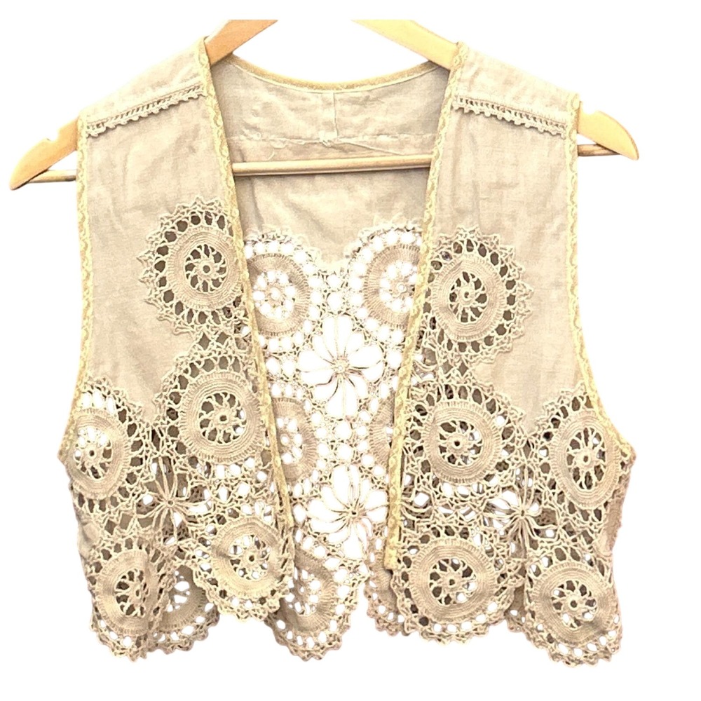 Vintage Unbranded Crochet Lace Linen Vest Boho Cottagecore Festival Hippie Cream